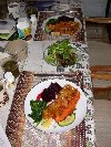 Beets, spinach and avocado along with baby greens complete our salmon and sauteed vegetable meal