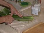 Separating top portion of leaf from inner gel and laying it open